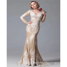 2017 Latest Design Long Sleeve V Neck Luxury Satin Appliqued Sexy Champagne Mermaid Wedding Dress